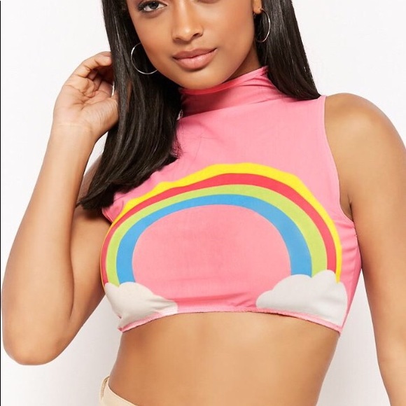 High neck Pink mesh rainbow crop top - Picture 2 of 2